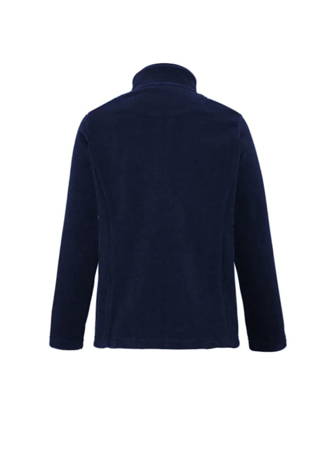 A navy women's plain micro fleece jacket with a high collar and long sleeves. Features a logo on the back.