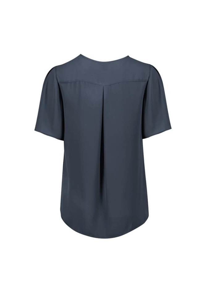 A grey women's short sleeve blouse with a pleat detail at the back and a relaxed fit. It features a simple design and has a logo.