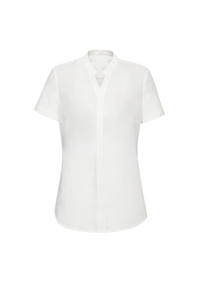A white short sleeve blouse featuring a v-neck design and a classic fit. Includes a logo on the label.