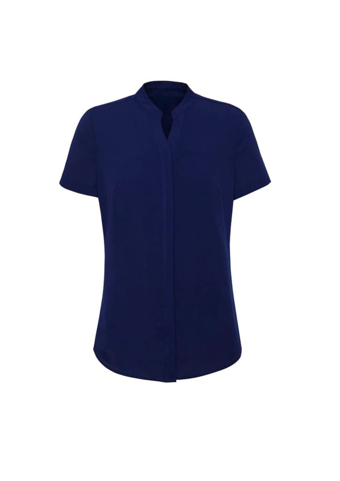A navy blue short sleeve blouse with a relaxed fit and a pointed collar, featuring a logo on the label.