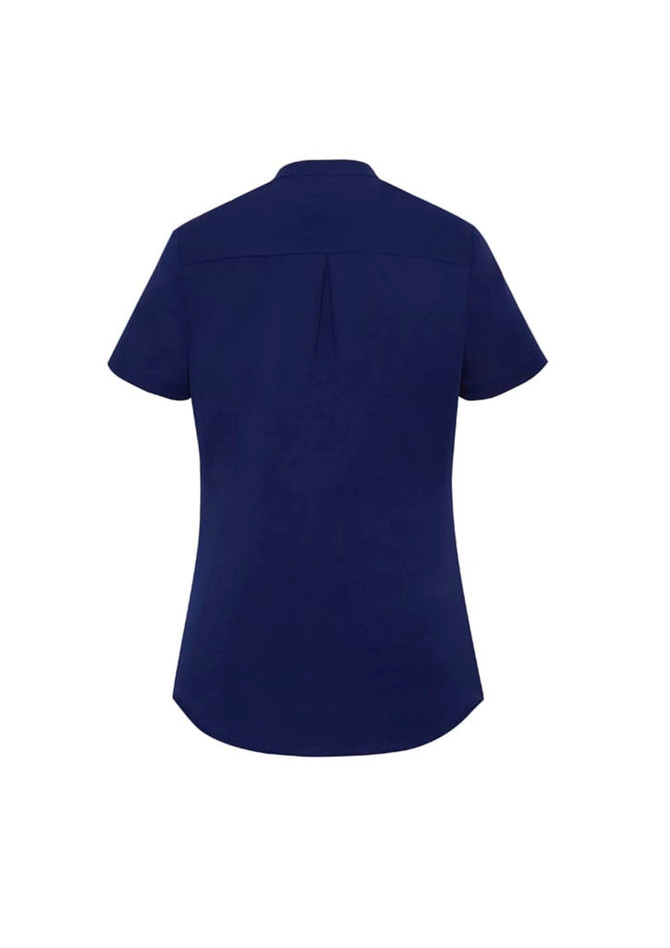 A navy short sleeve blouse with a back pleat and a subtle logo detail. Suitable for various casual occasions.