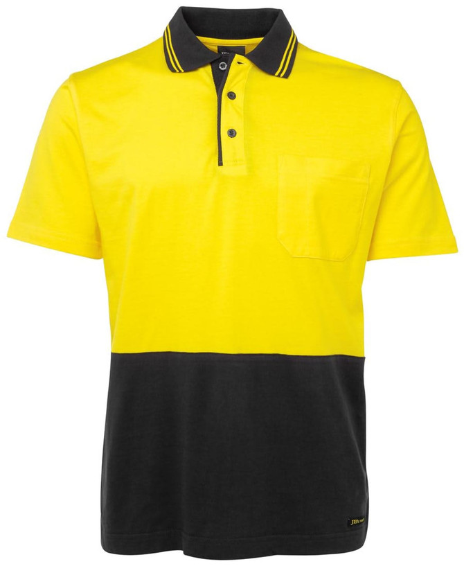 A short-sleeved cotton polo shirt featuring a vibrant yellow upper with a black lower section and a pocket. It has a logo.