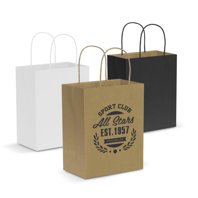 A medium-sized paper carry bag in brown, black, and white, featuring a logo on the front and handles.