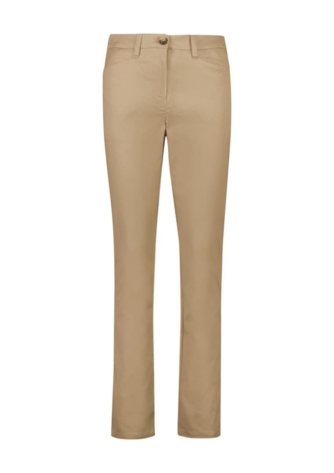 A pair of women's slim leg stretch chino pants in khaki colour, featuring a button closure and pockets.