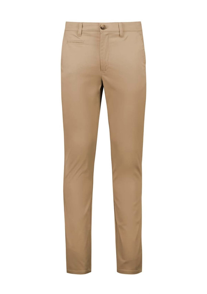 A pair of beige modern stretch chino pants with a slim fit design. Features a front pocket and a branded logo.