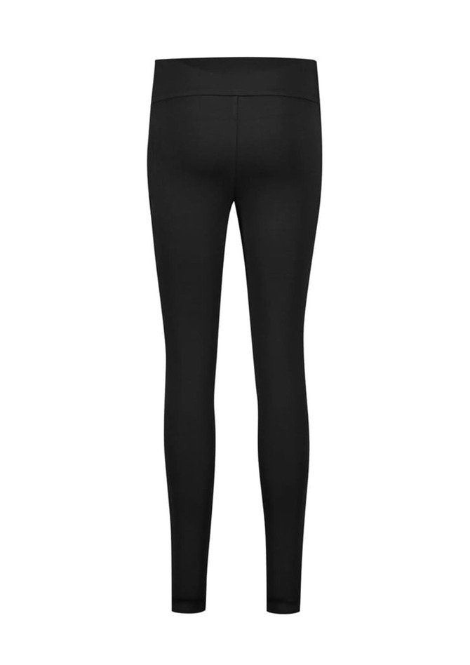Black high-rise pull-on leggings with a sleek design, featuring a smooth waistband and fitted silhouette.
