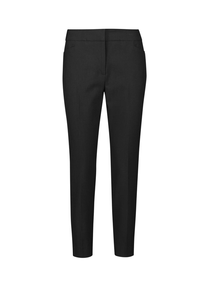 Slim leg pants in black with a mid-waist design, featuring two front pockets and a sleek silhouette.