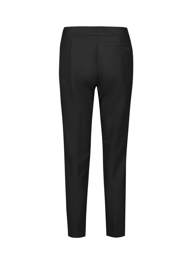 A pair of black women's slim leg pants with a mid-waist design, featuring a back pocket.