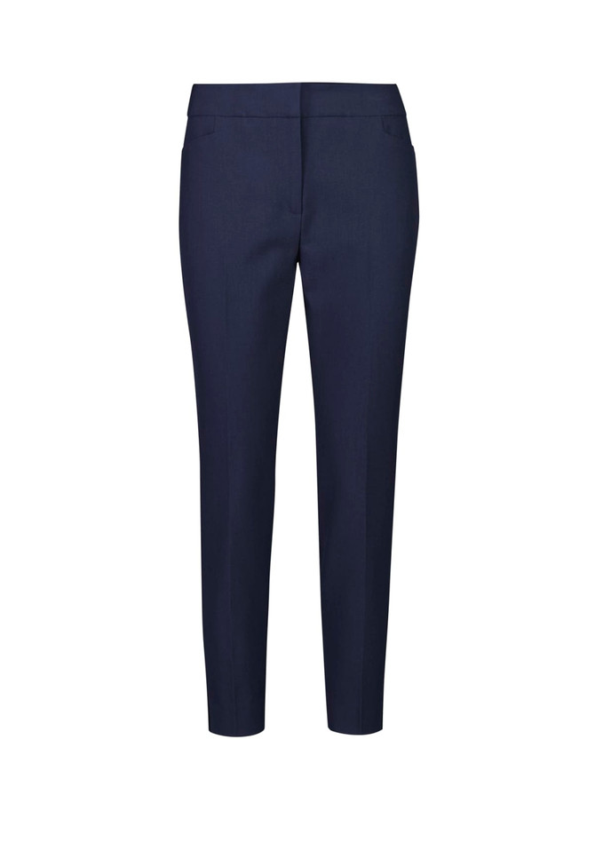 Navy mid-waist slim leg pants with a tailored fit and front pockets, featuring a logo.