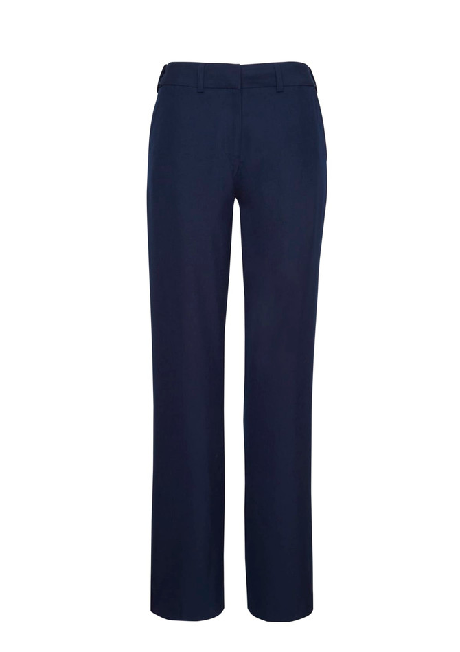 Navy blue adjustable waist pants with a tailored design and a waistband. Features a logo.