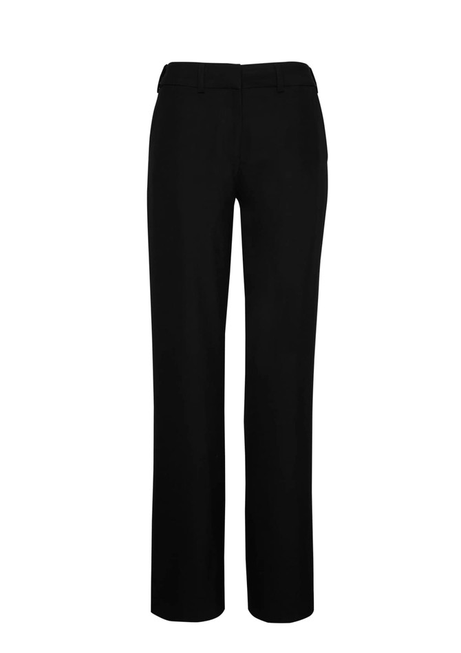 Black adjustable waist pants with a straight leg cut and a waistband, featuring a logo on the back.