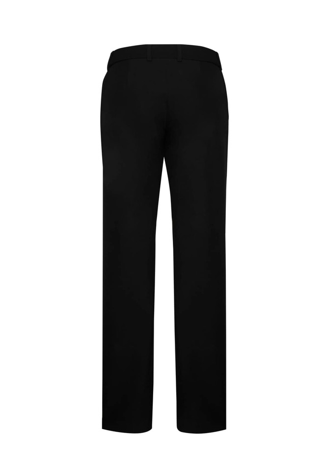 Black women's slacks with an adjustable waist, featuring a sleek design and straight leg cut.