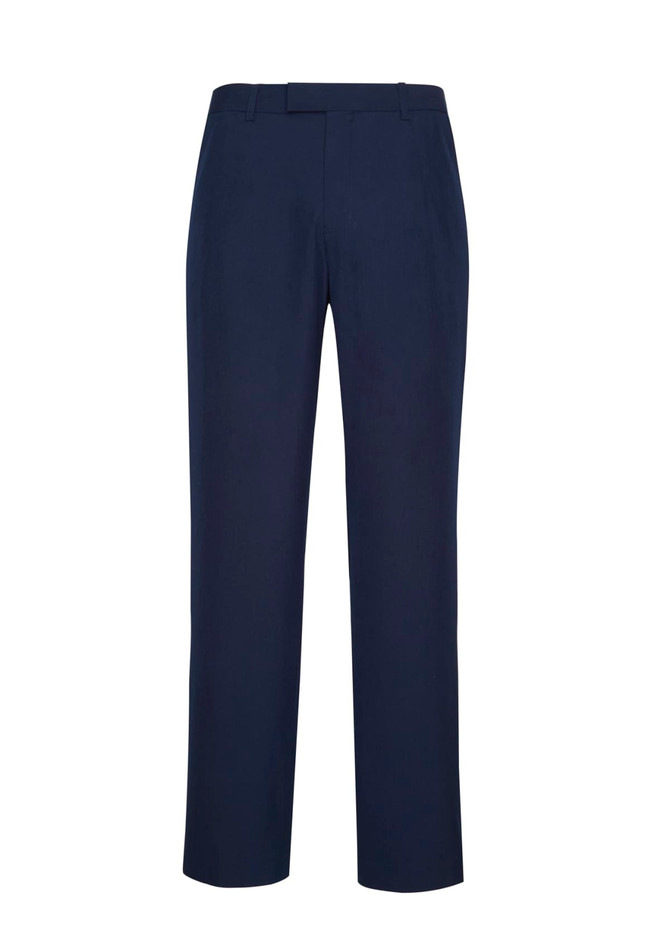 Navy blue men's adjustable waist pants with a sleek design and a subtle logo. Suitable for casual or formal occasions.