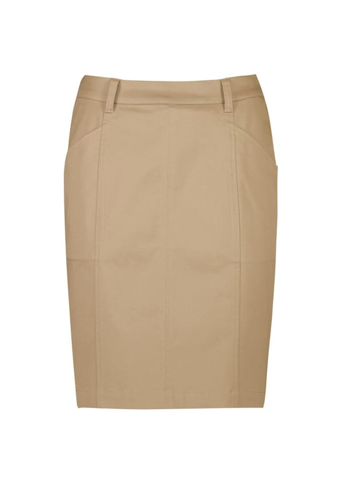 A mid-waist stretch chino skirt in a light tan colour, featuring a tailored fit and pockets.