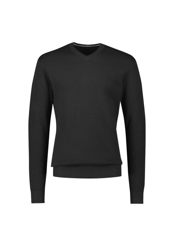 A black knitted jumper with a V-neck and long sleeves, featuring a fitted waist and subtle logo.