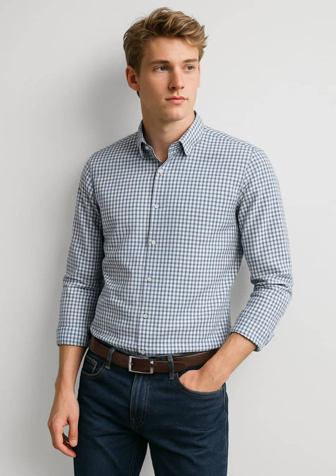 A long sleeve button-up shirt featuring a blue and white check pattern, styled with a classic collar.