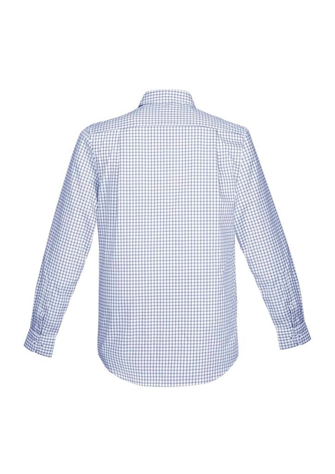 A men's long sleeve button-up shirt in blue and white checkered pattern, featuring a collar and logo.