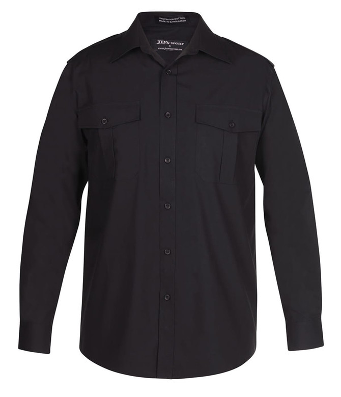 A black button-up shirt with a collar, long sleeves, and two chest pockets. It features a logo on the label.