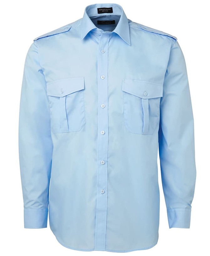 A button-up shirt in light blue with two chest pockets and shoulder epaulets. Features a logo on the collar.