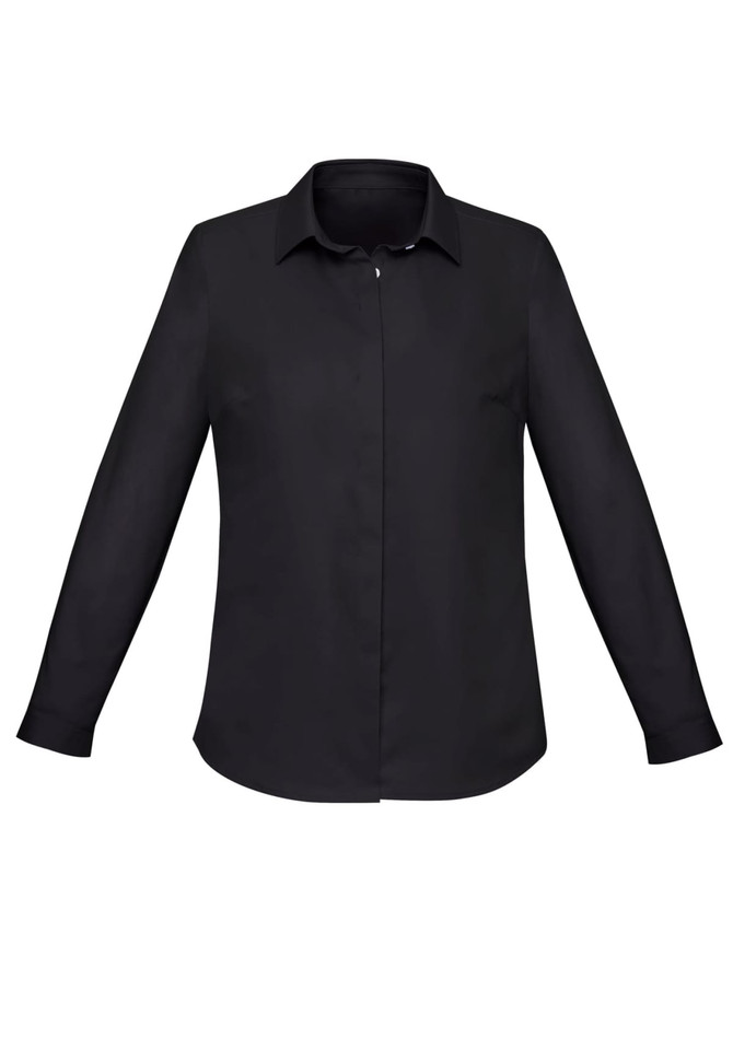 A black long sleeve button-up shirt for women with a collar and a front placket. Includes a logo.