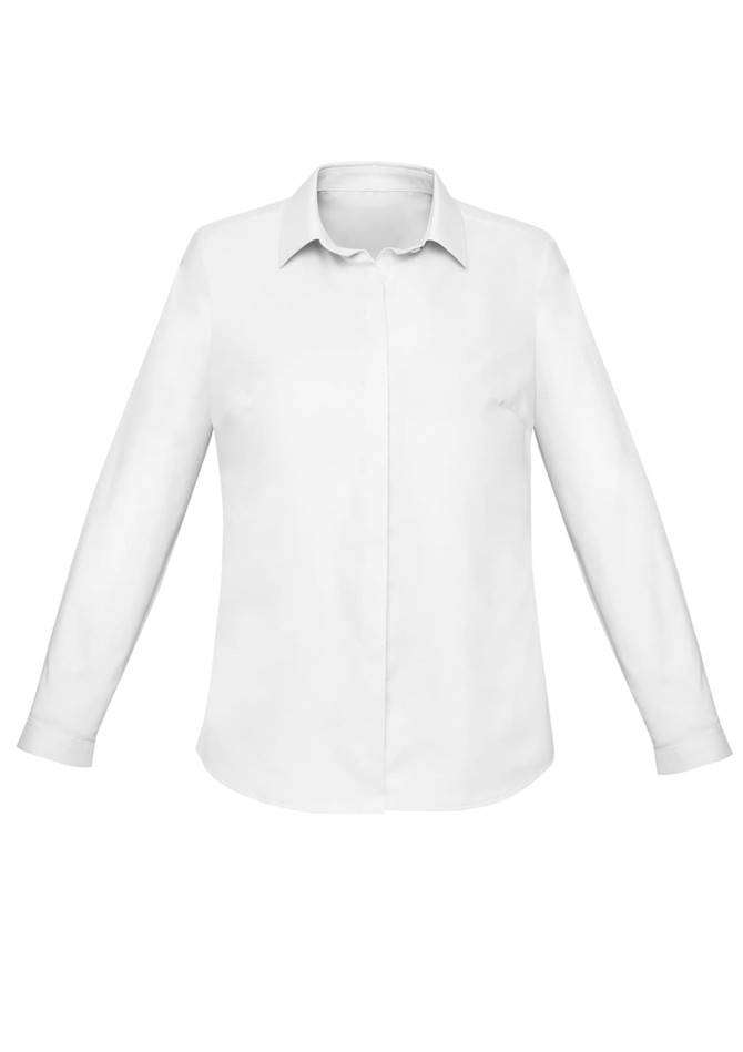 A white long sleeve button-up shirt for women. It features a classic collar and has a logo on it.