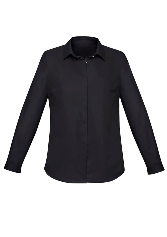 A black women's button-up shirt featuring long sleeves and a classic collar, with a logo on it.