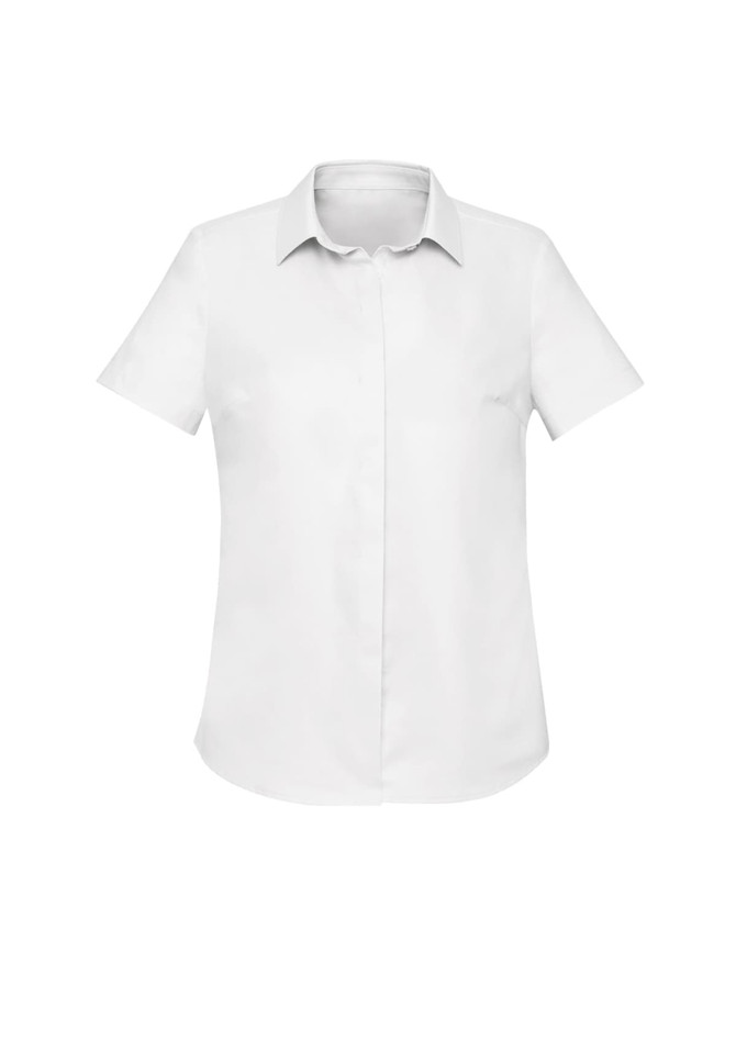 A white short sleeve button-up shirt for women featuring a classic collar and a logo on the breast.
