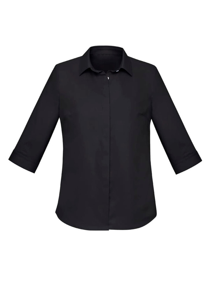A black women's button-up shirt with 3/4 sleeves and a collared neckline, featuring a logo.