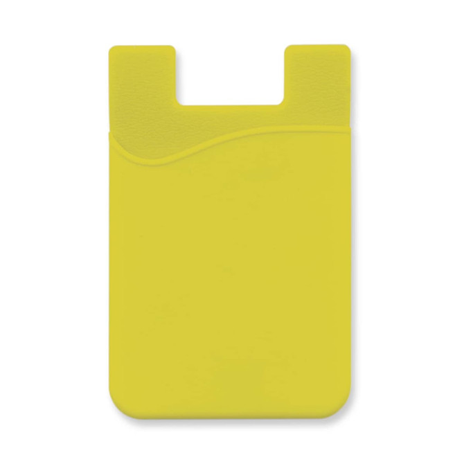 A bright yellow silicone phone wallet featuring a wave design and a slot for cards. It has a smooth texture and a logo.