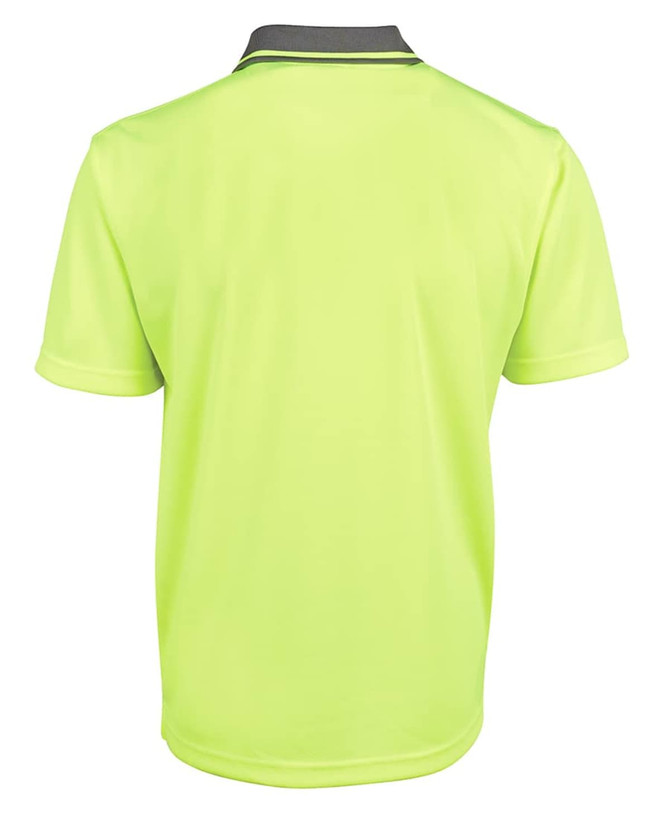 A back view of a bright yellow polo shirt with a contrasting collar and a logo.
