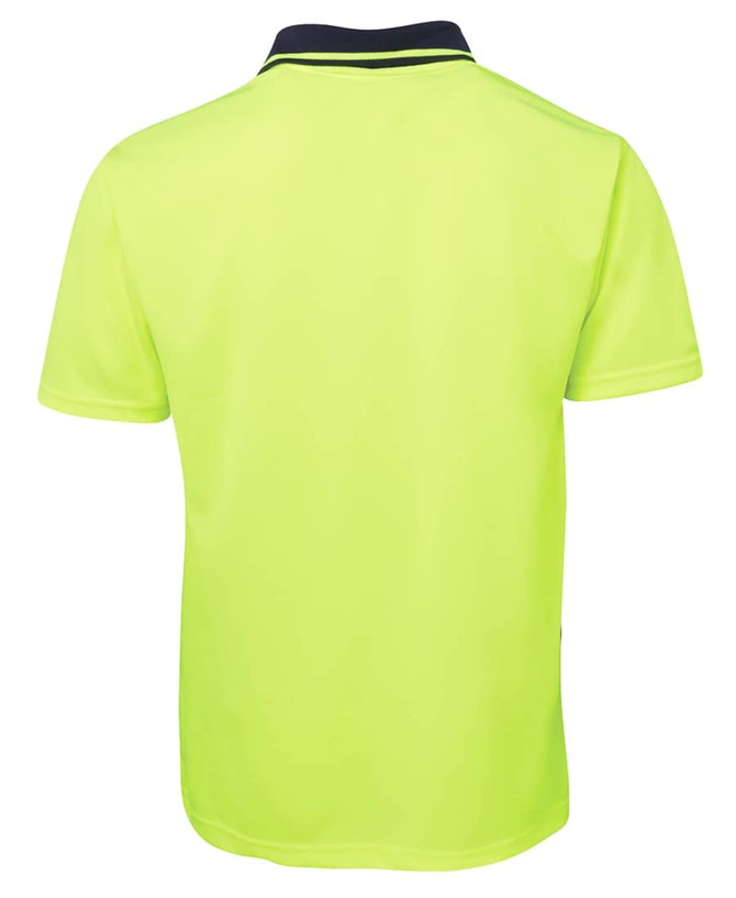 A bright yellow polo shirt featuring a contrasting black collar and a logo at the back.