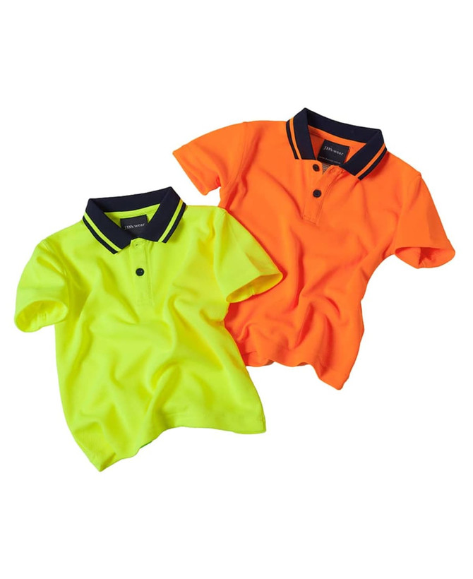 Two polo shirts in high-visibility colours: one bright yellow and one vibrant orange, both with contrasting collars and a logo.