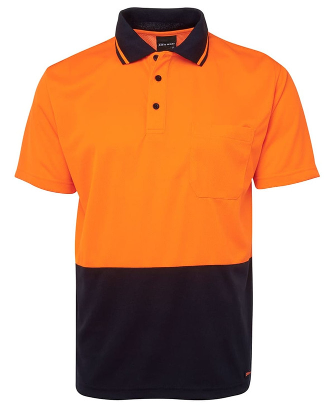 An orange and black polo shirt with a collar, two buttons, and a chest pocket, featuring a logo.