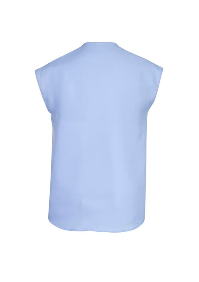 A light blue women's blouse with a relaxed fit and cap sleeves, featuring a simple design and no visible branding.