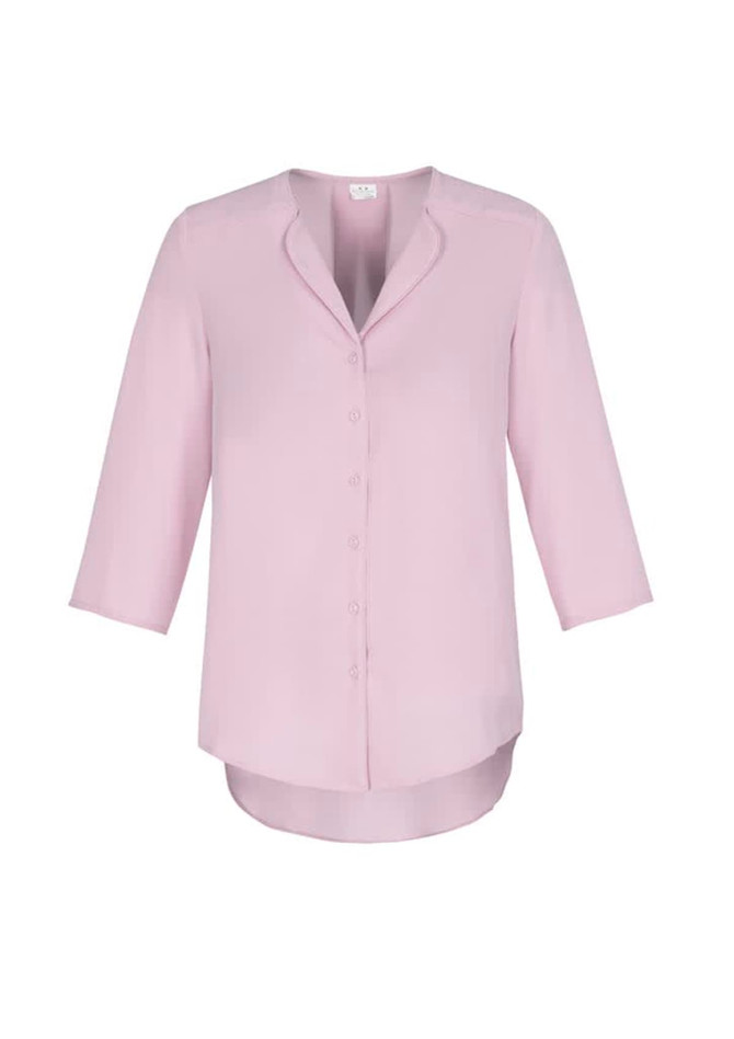 A pink women's longline blouse with a button-up front and three-quarter sleeves. Features a branding logo.