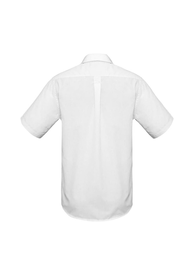 A white short sleeve button-up shirt featuring a back pleat and a collar, with a logo on the collar.