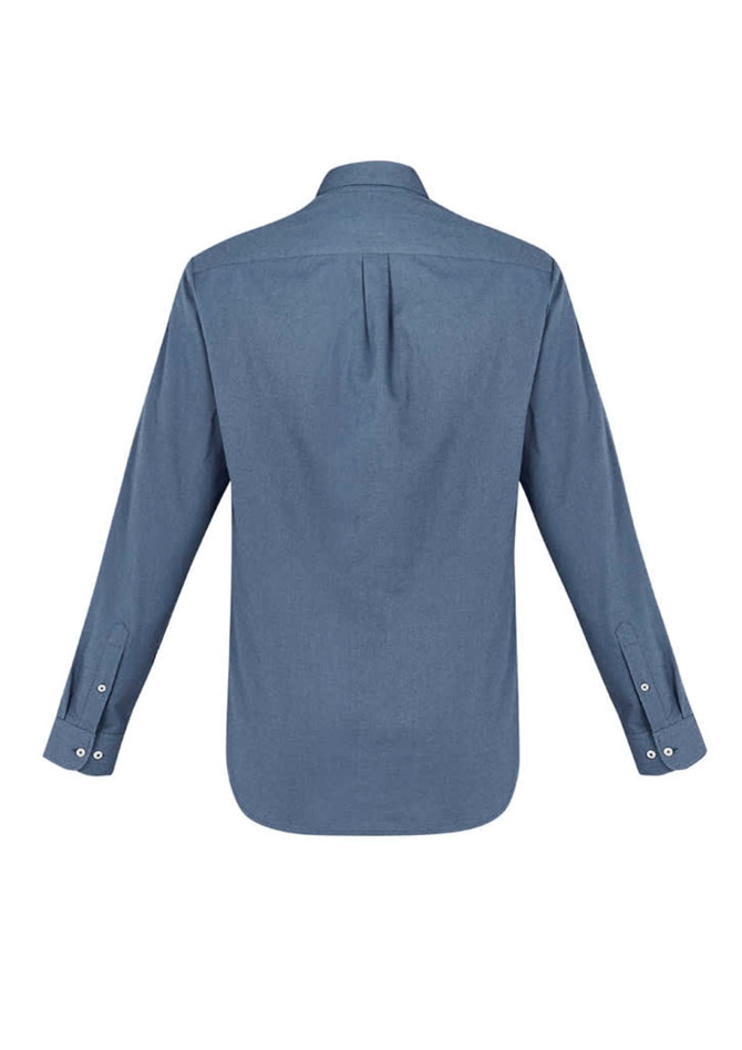 A blue long sleeve button-up shirt with a back yoke and buttoned cuffs, featuring a logo.