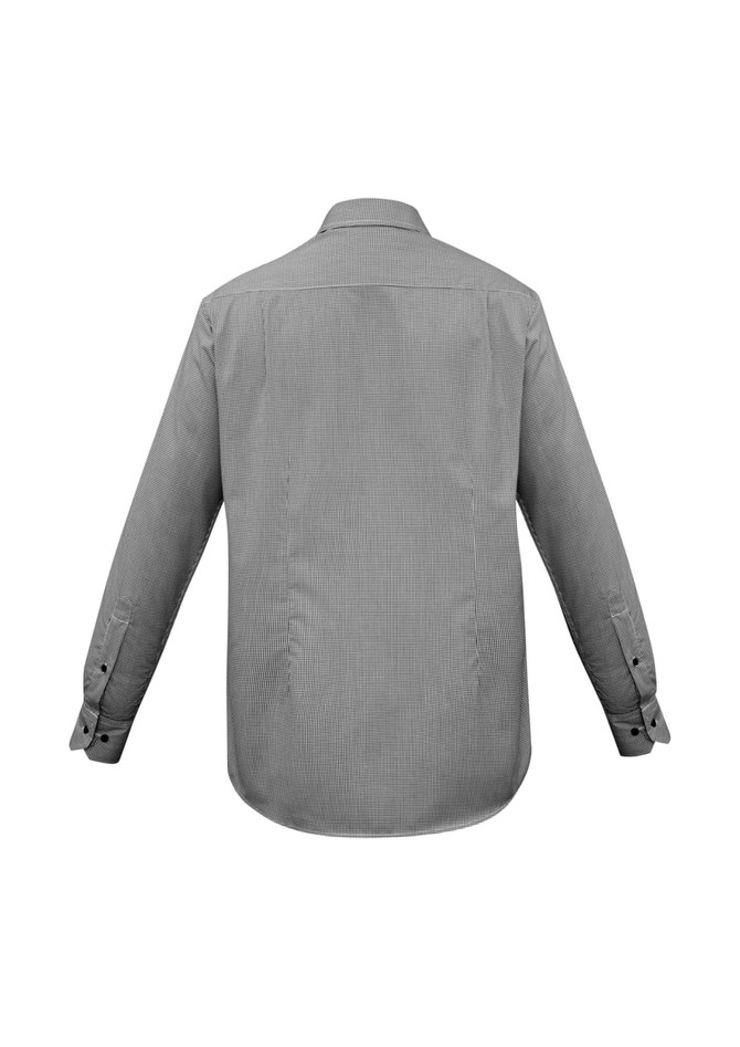 A grey button-up long sleeve shirt with a checked pattern and a logo on the back.