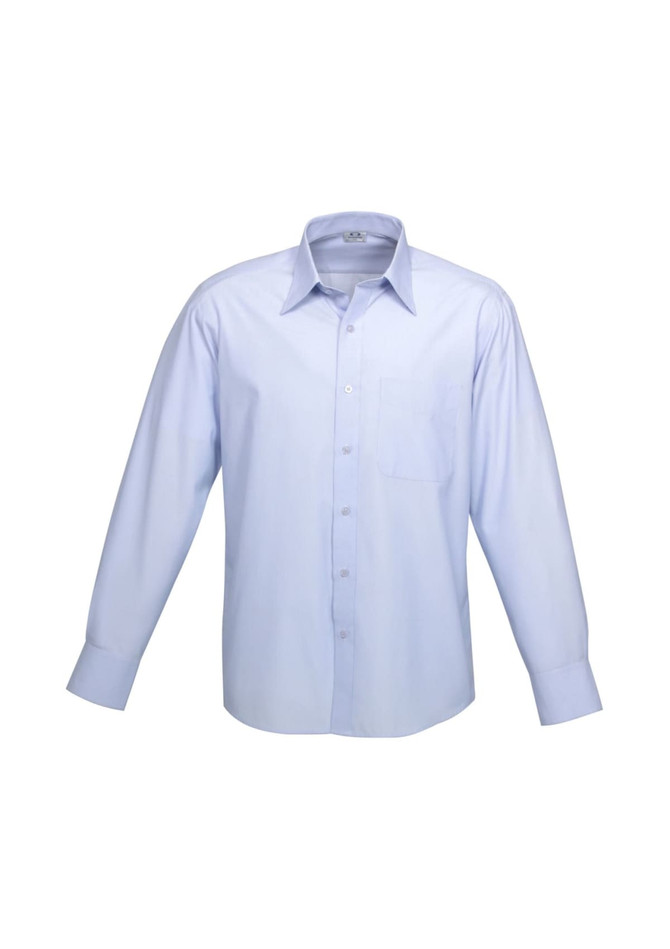 A light blue long-sleeve button-up shirt with a pocket and a logo on the chest.