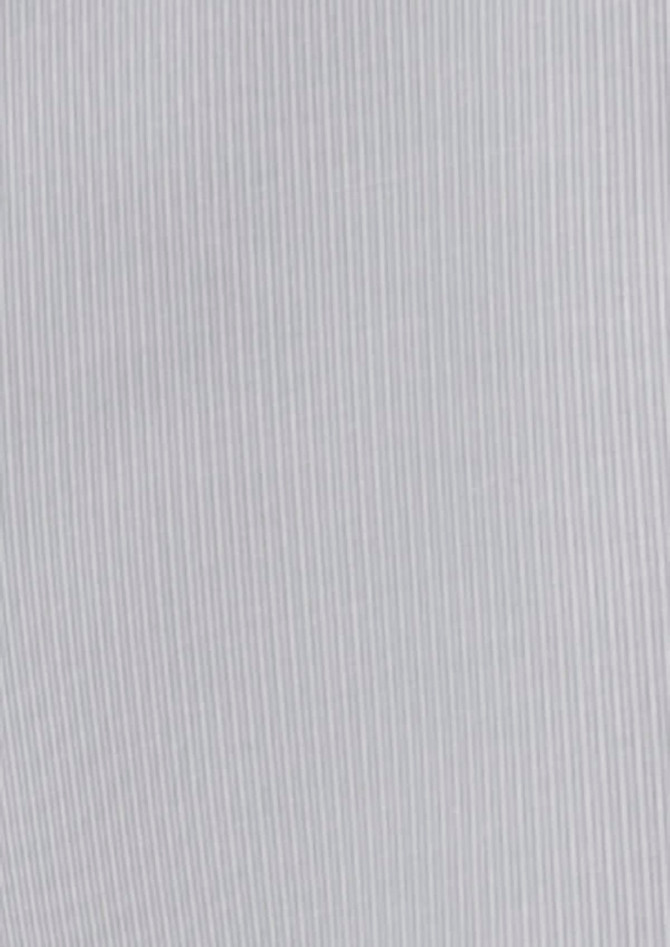 A women's button-up shirt in a light grey with subtle vertical stripes and 3/4 sleeves, featuring a logo.
