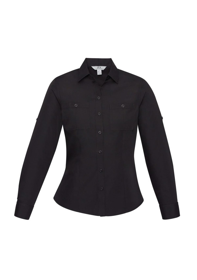 A women's black long sleeve button-up shirt featuring two chest pockets and a fitted design.