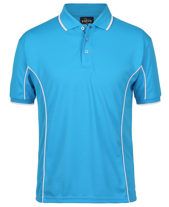 A light blue polo shirt with white piping and a collar, featuring a logo on the chest.