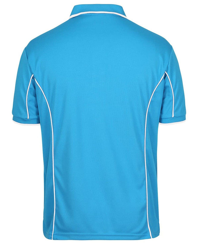 A blue polo shirt featuring white piping along the seams and a collar. The view shows the back of the shirt.