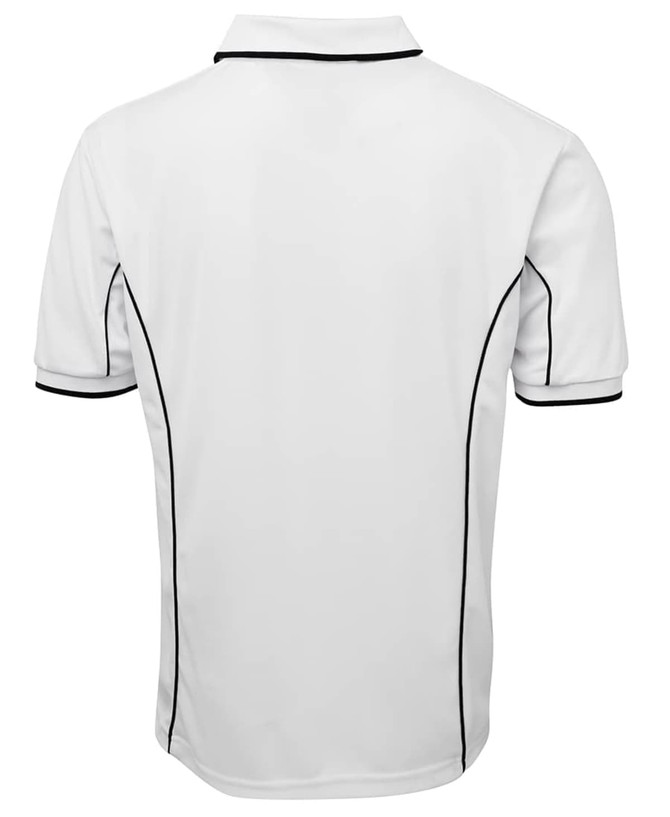 A white polo shirt featuring black piping along the seams, with a collar and short sleeves. It has a logo.