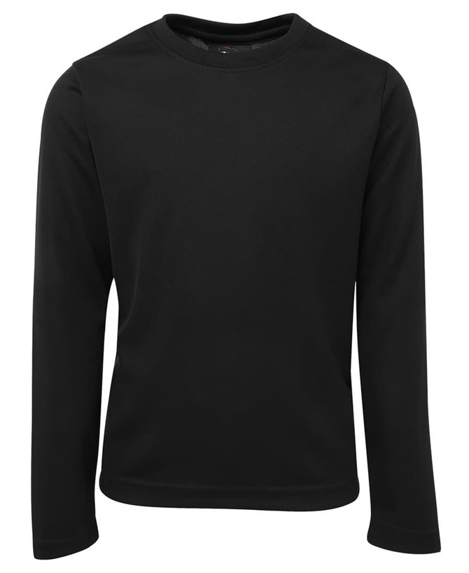 A black long-sleeve t-shirt with a round neckline and a logo on the front. Made from a lightweight material.