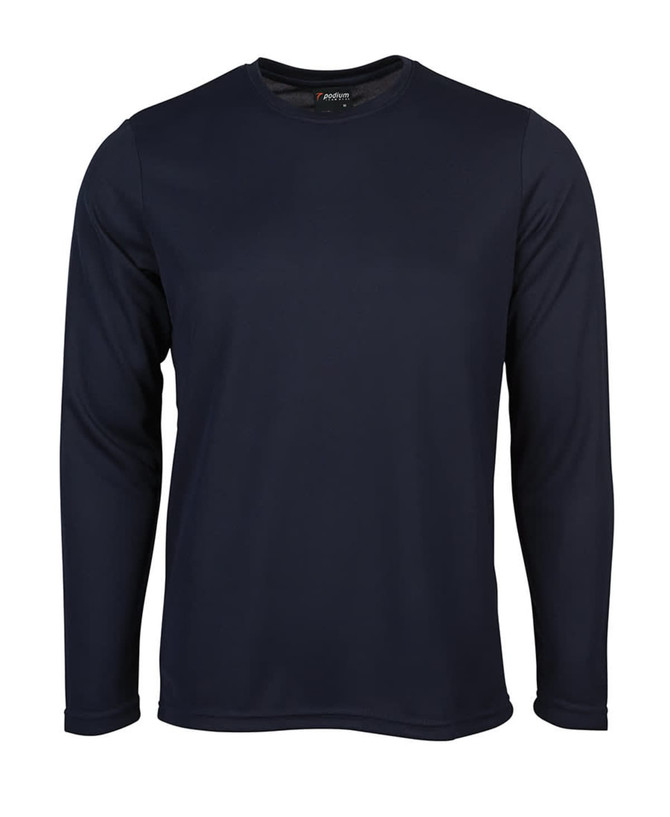 A long-sleeve navy T-shirt with a round neckline and a logo on the tag.