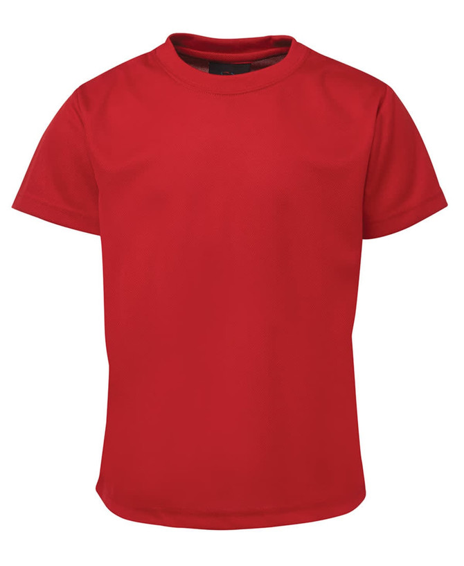 A red t-shirt with short sleeves and a round neck, featuring a logo on the front.