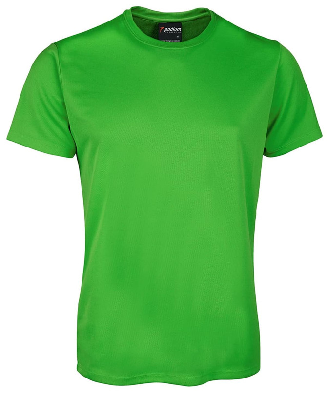 A green T-shirt with a round neckline and short sleeves; features a logo on the label.