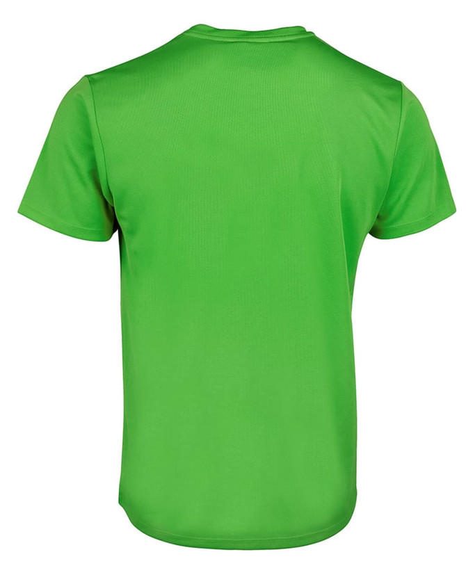 A green T-shirt featuring a plain design and a logo on the back.