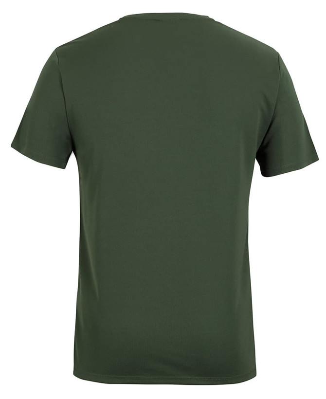 A green T-shirt is displayed, featuring a simple design and a logo on the back.